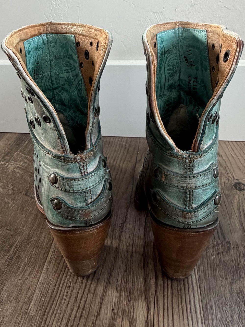 Corral Teal-Green Distressed Perforated Leather Bootie - Picture 4 of 7
